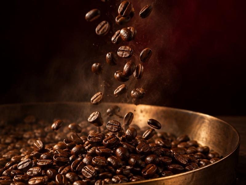 Chicchi di caffè che cadono in una ciotola di rame
