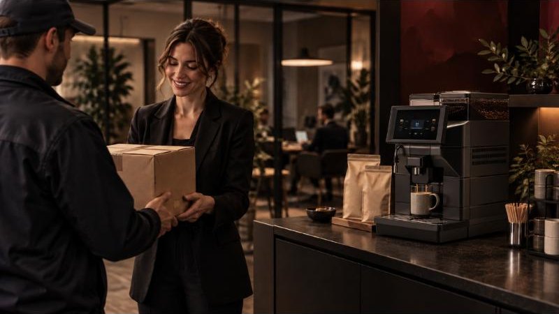 Consegna di una scatola di caffè alla reception di un ufficio