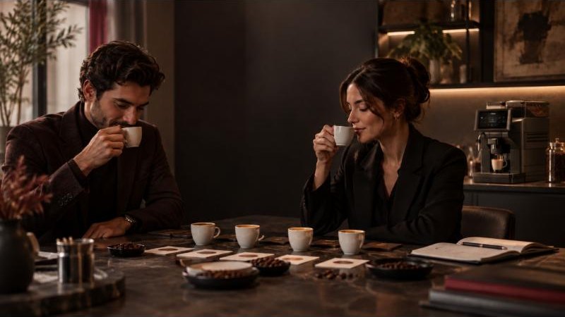 Due colleghi assaggiano diverse tazzine di caffè