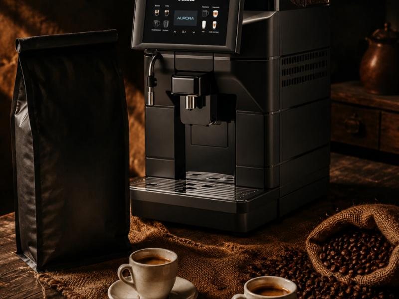 Macchina automatica a grani con due tazzine di espresso