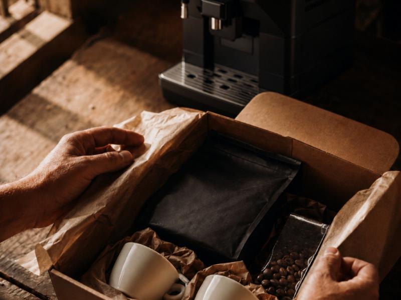Scatola con caffè e tazzine aperta accanto alla macchina
