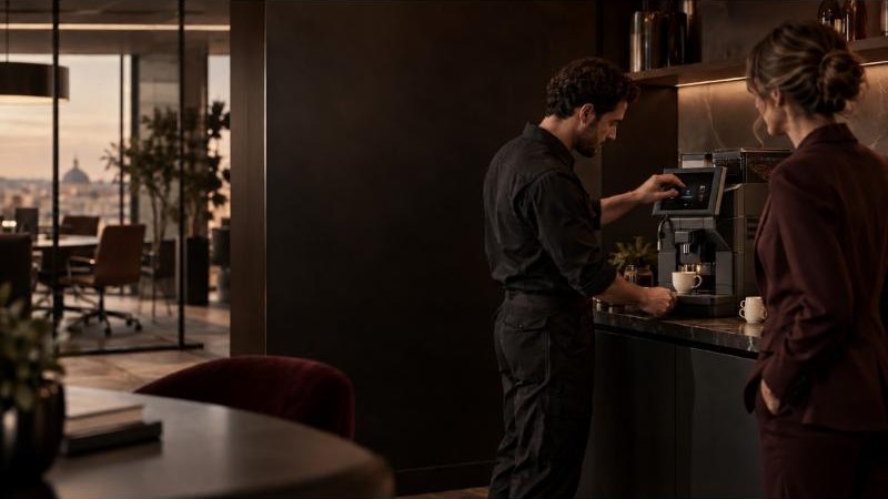 Tecnico che regola la macchina del caffè in un ufficio